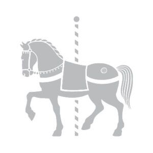 A gray silhouette of a horse on a merry go round.