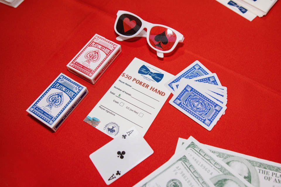 A table with playing cards sunglasses and money on it