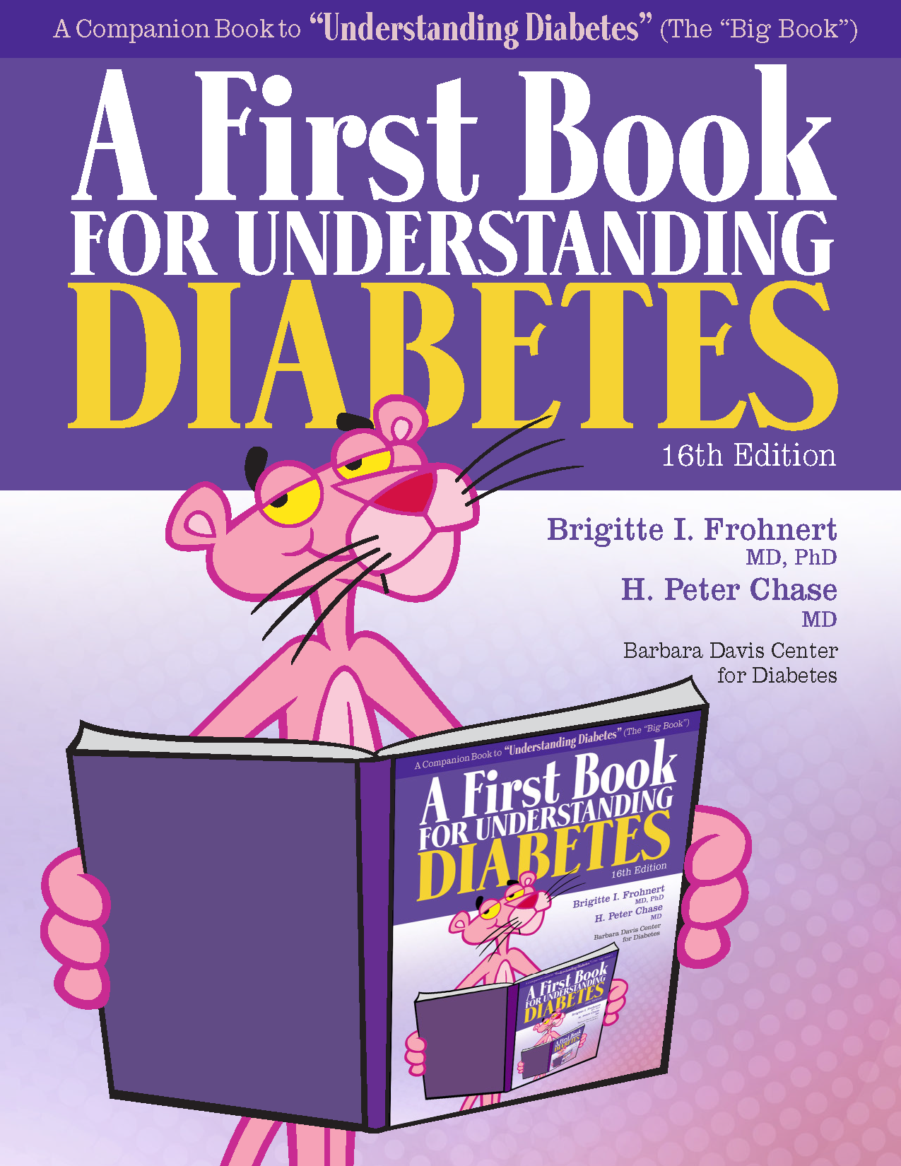 A pink panther is holding a book titled a first book for understanding diabetes