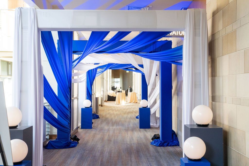 Hallway entrance to the ball, draped in blue material.