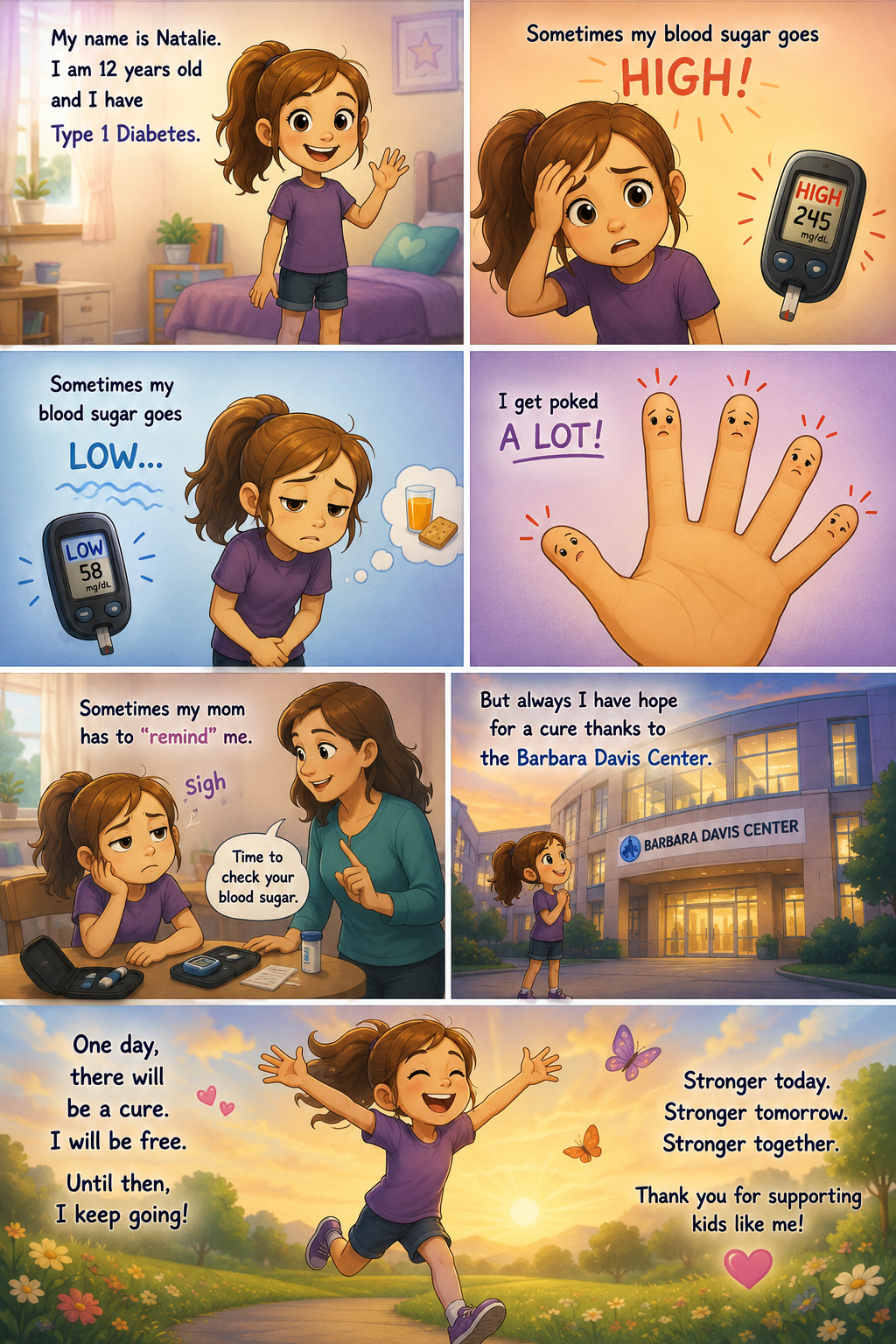 Illustrated comic depicting Natalie, a 12-year-old girl living with Type 1 diabetes. The story shows her experiencing high and low blood sugar, frequent finger pricks, reminders to check her blood sugar, and her hope for a cure through diabetes research at the Barbara Davis Center.