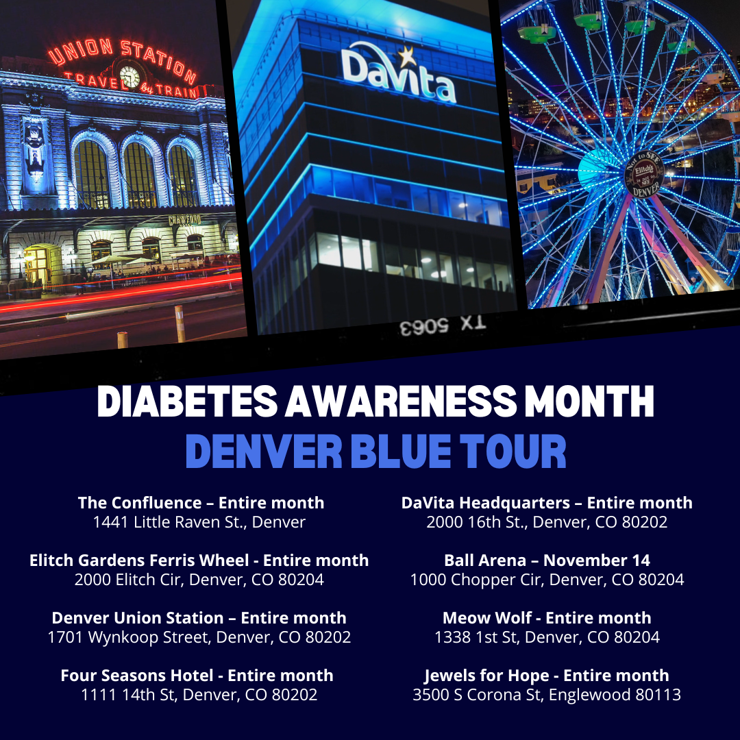 Denver businesses who turned their building lights blue for Diabetes Awareness Month.