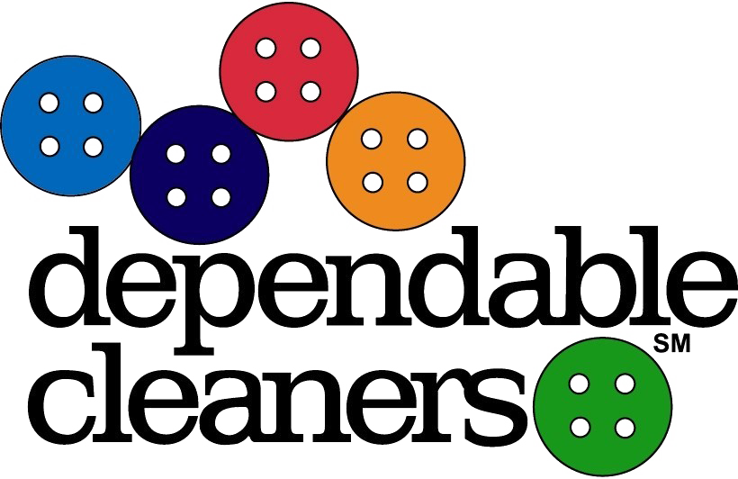 A logo for dependable cleaners with buttons on it.