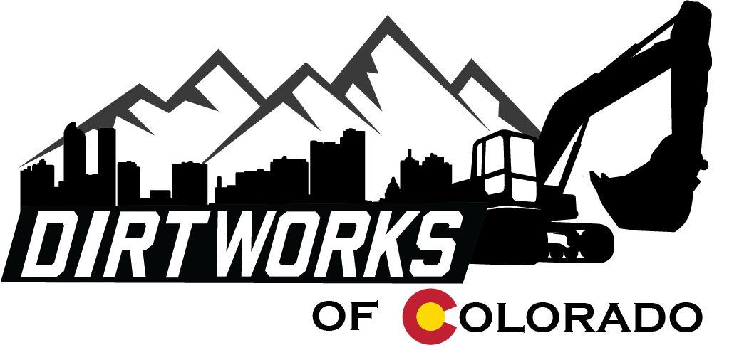 dirtworks of colorado logo with silhouettes of rocky mountains, denver skyline, and backhoe