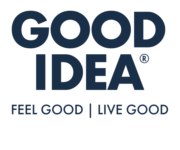 navy and white GOOD IDEA logo with feel good live good at the bottom