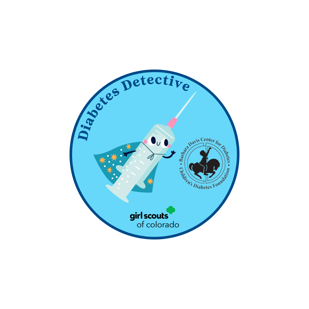 blue diabetes detective girl scout patch with superhero syringe and cdf logo