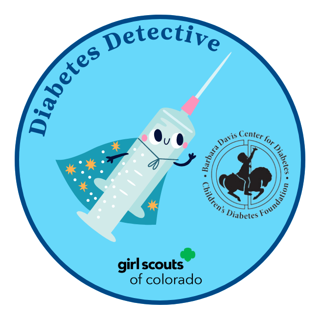 blue diabetes detective girls scouts patch with superhero syringe cartoon and cdf logo
