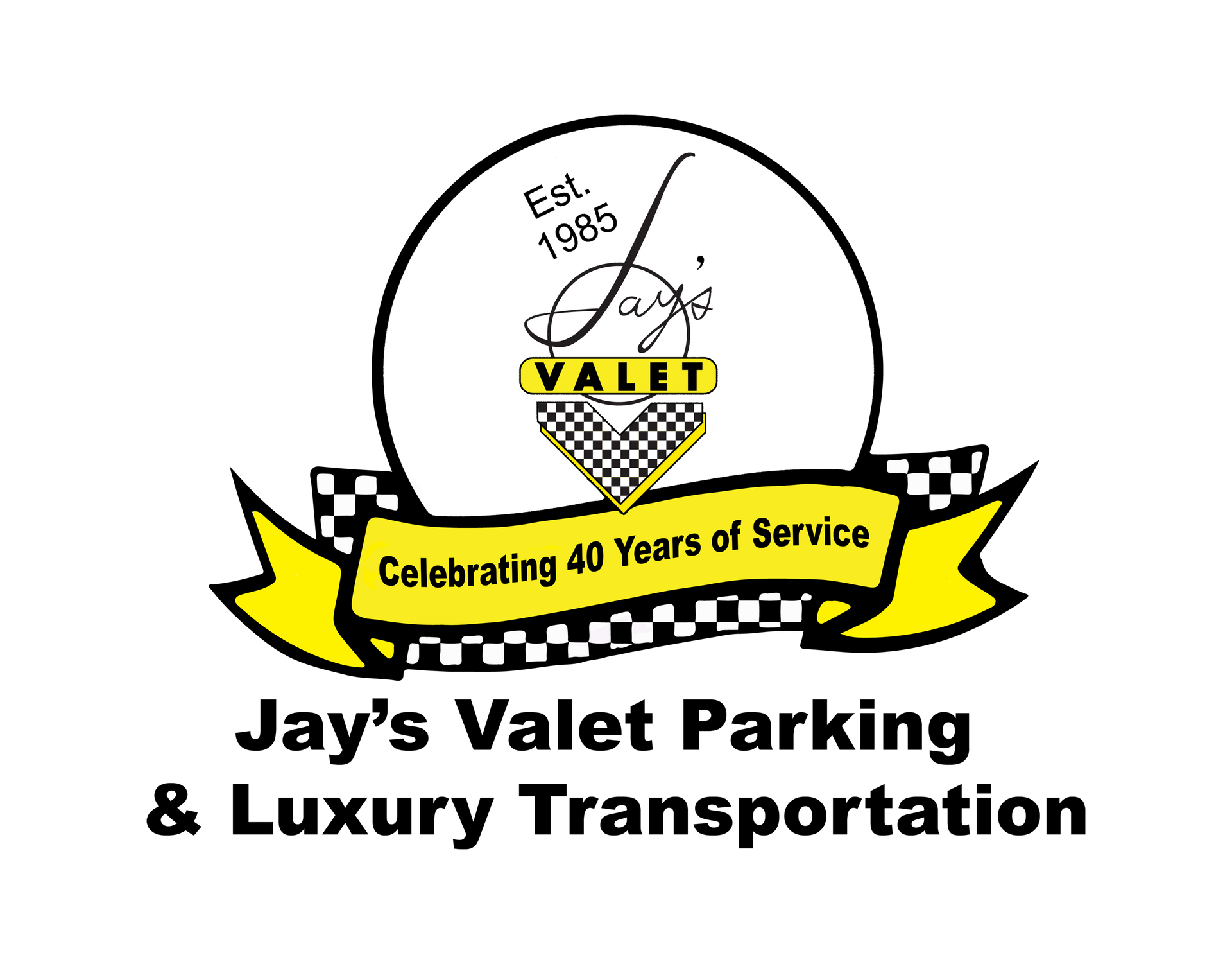 jay's valet parking and luxury transportation 40 year logo in yellow and black