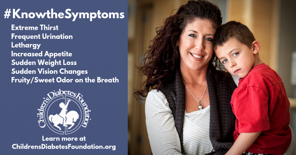 A mother and son together next to a list of type 1 diabetes symptoms