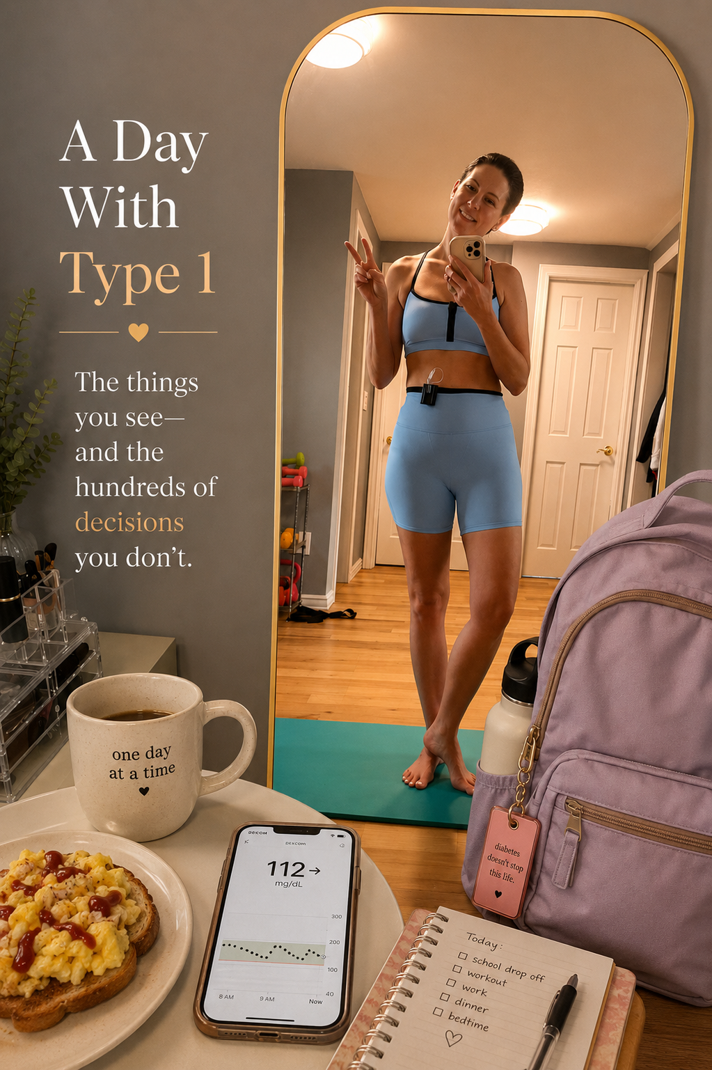 author mary ann chamberlain standing in front of a mirror with her checklist, breakfast, and phone on a table nearby