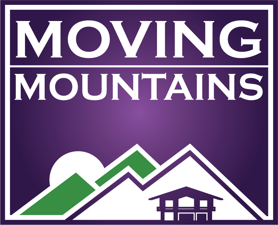 Purple, white and green Moving Mountains logo