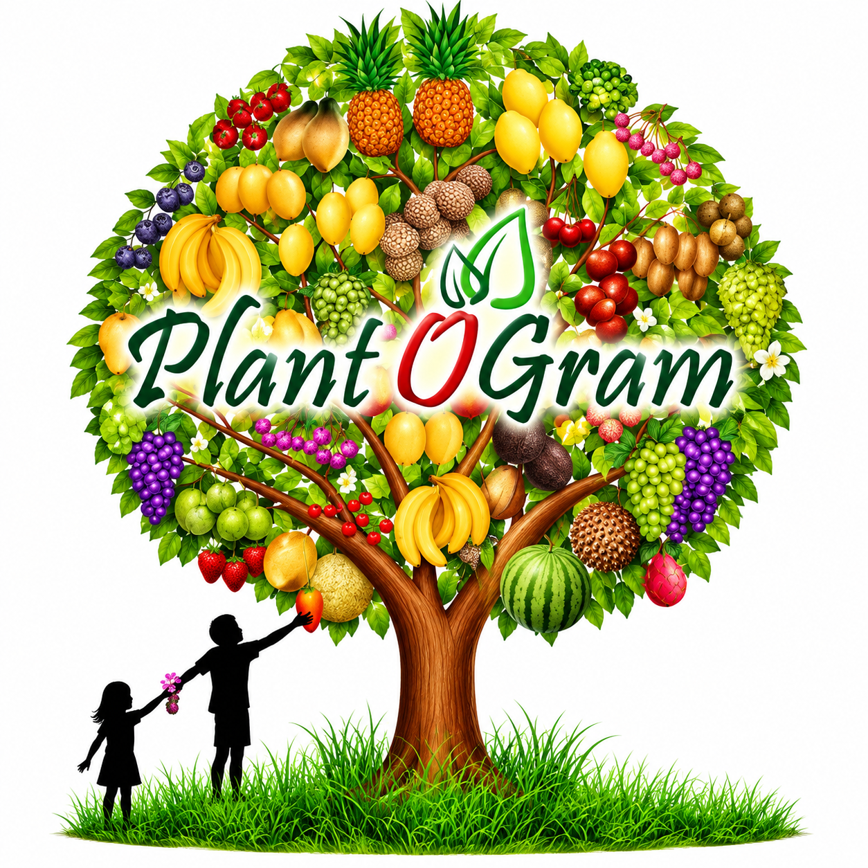 illustrated tree with all kinds of fruit growing on it and plant-o-gram written in the center