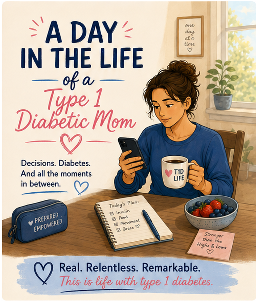 illustration of a T1D mother drinking coffee, looking at her phone, insulin pump on table
