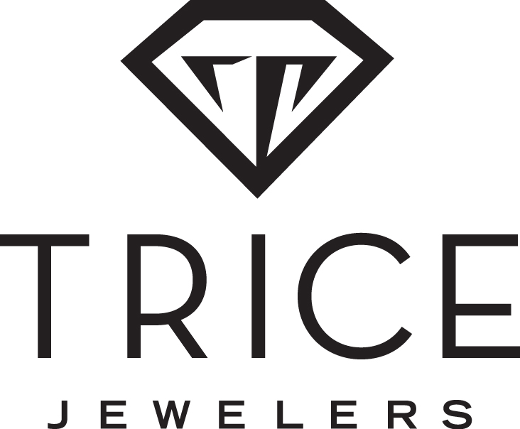 black and white trice jewelers logo with diamond illustration over it