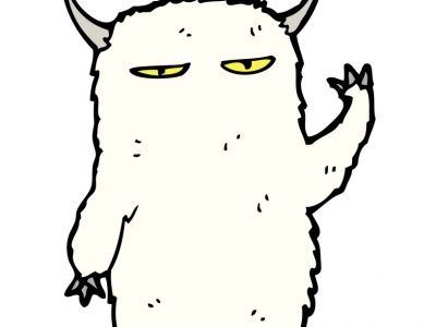 A cartoon illustration of a white monster with horns waving.