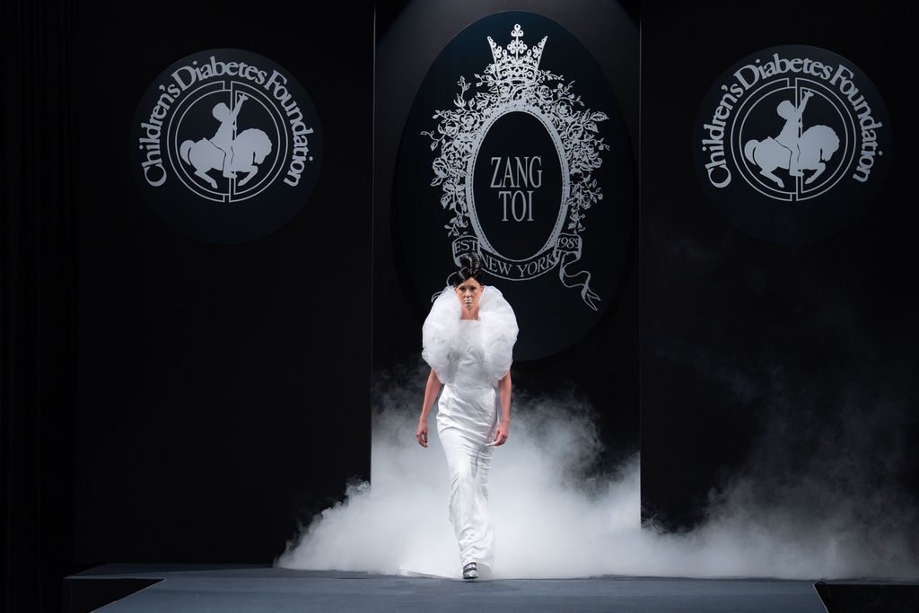 Zang Toi white gown on model on runway