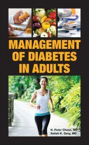 over of management of diabetes in adults book with food and woman running