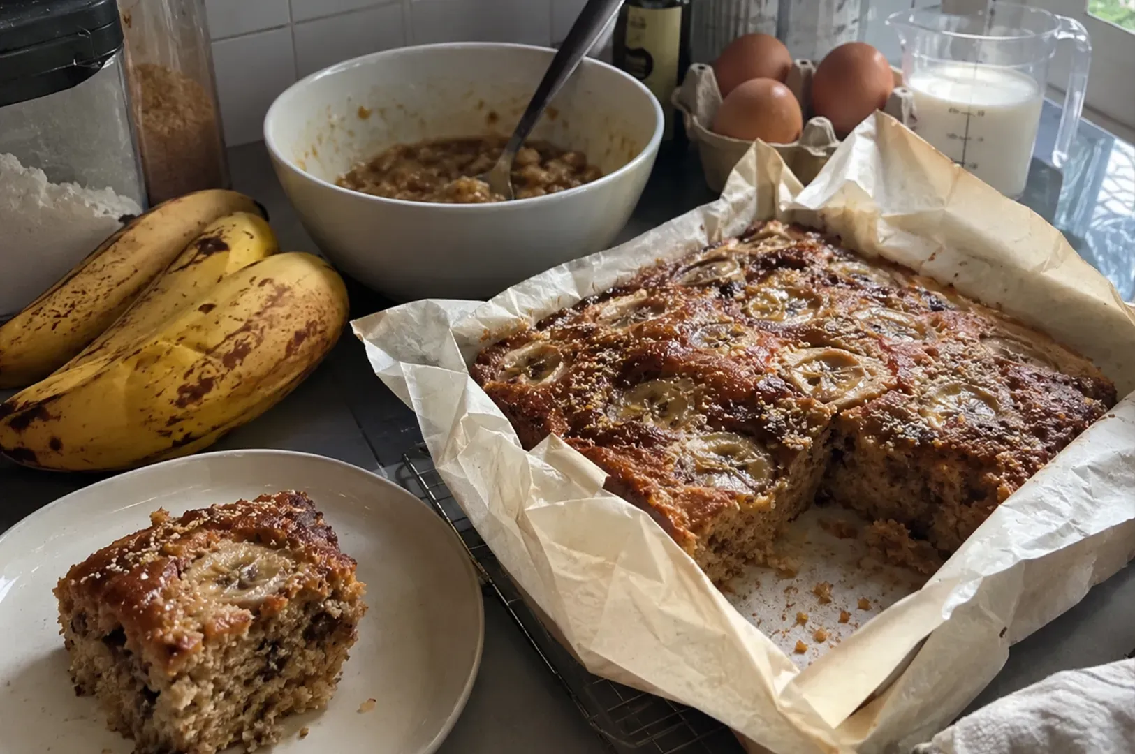 Banana bread on a table with bananas, a sliced piece on a plate, and a bowl of batter nearby