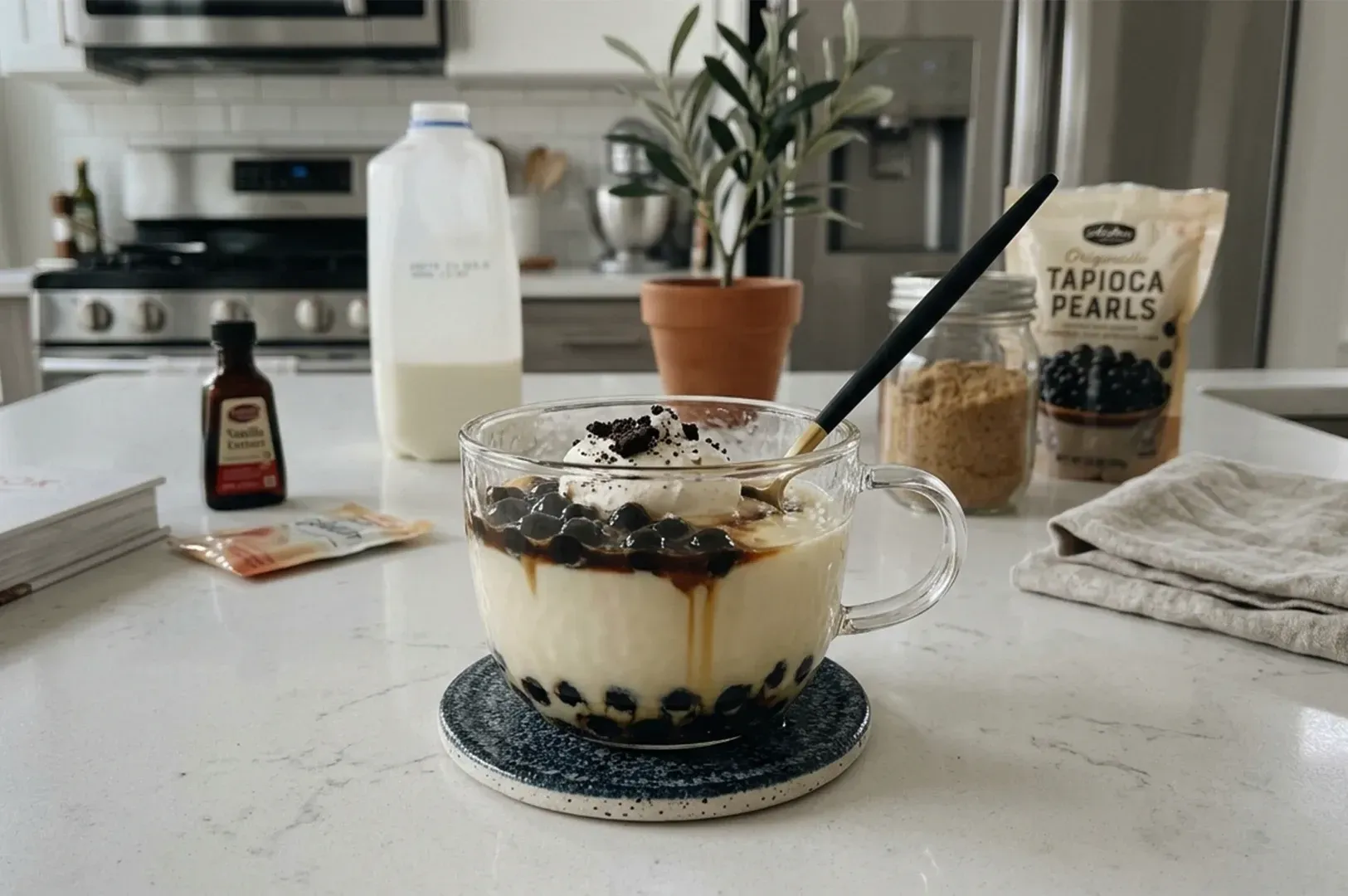 Boba milk tea in a glass mug on a kitchen counter with tapioca pearls, syrup, and a spoon