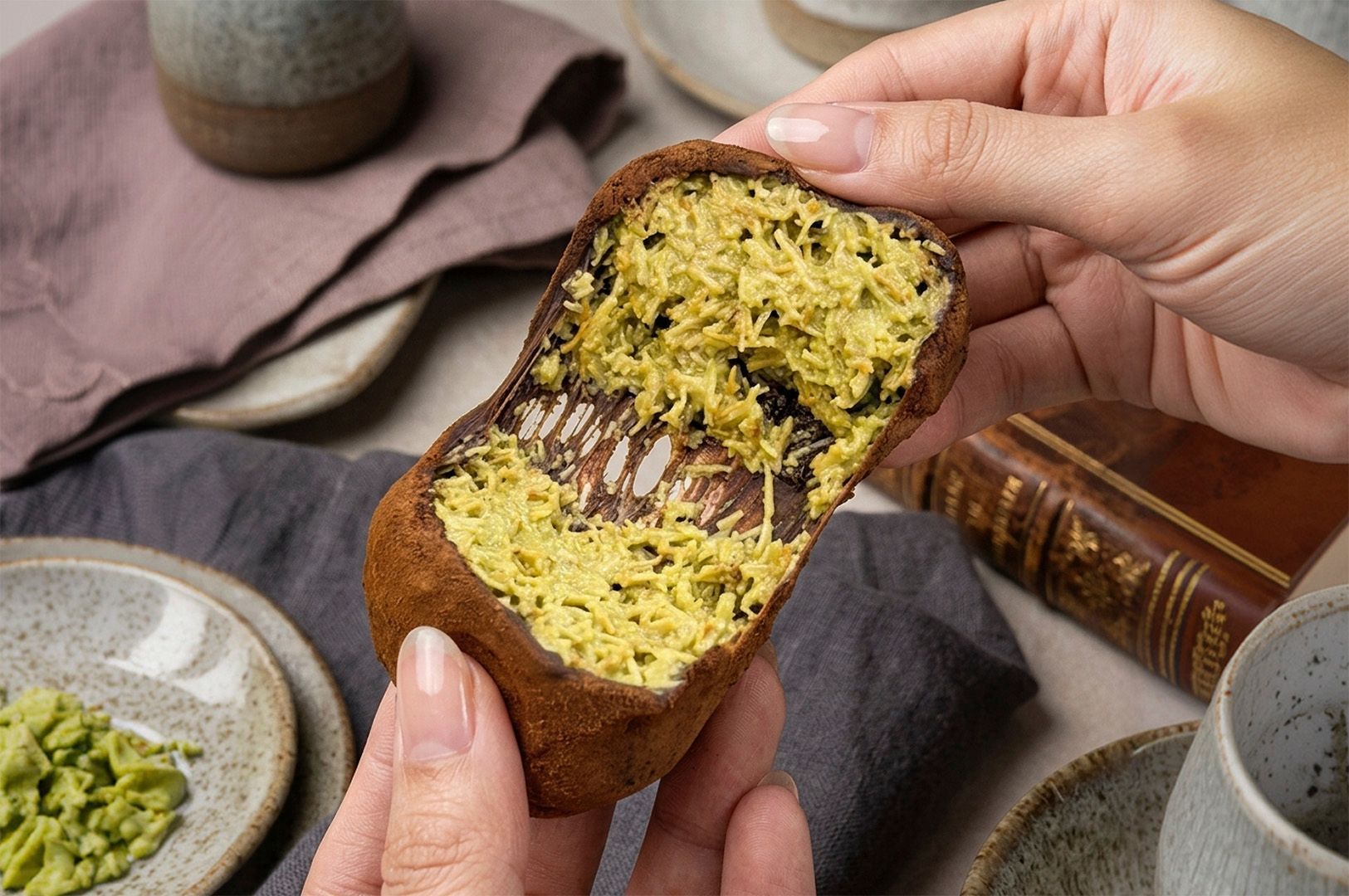 A close-up of a person breaking open a soft chocolate cookie to reveal a gooey, stretchy golden filling made of toasted kataifi pastry and pistachio cream.