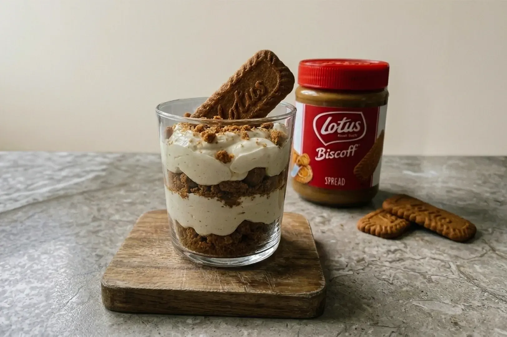Dessert parfait with whipped cream and Biscoff cookies in a glass, beside a Lotus Biscoff jar on a wooden board