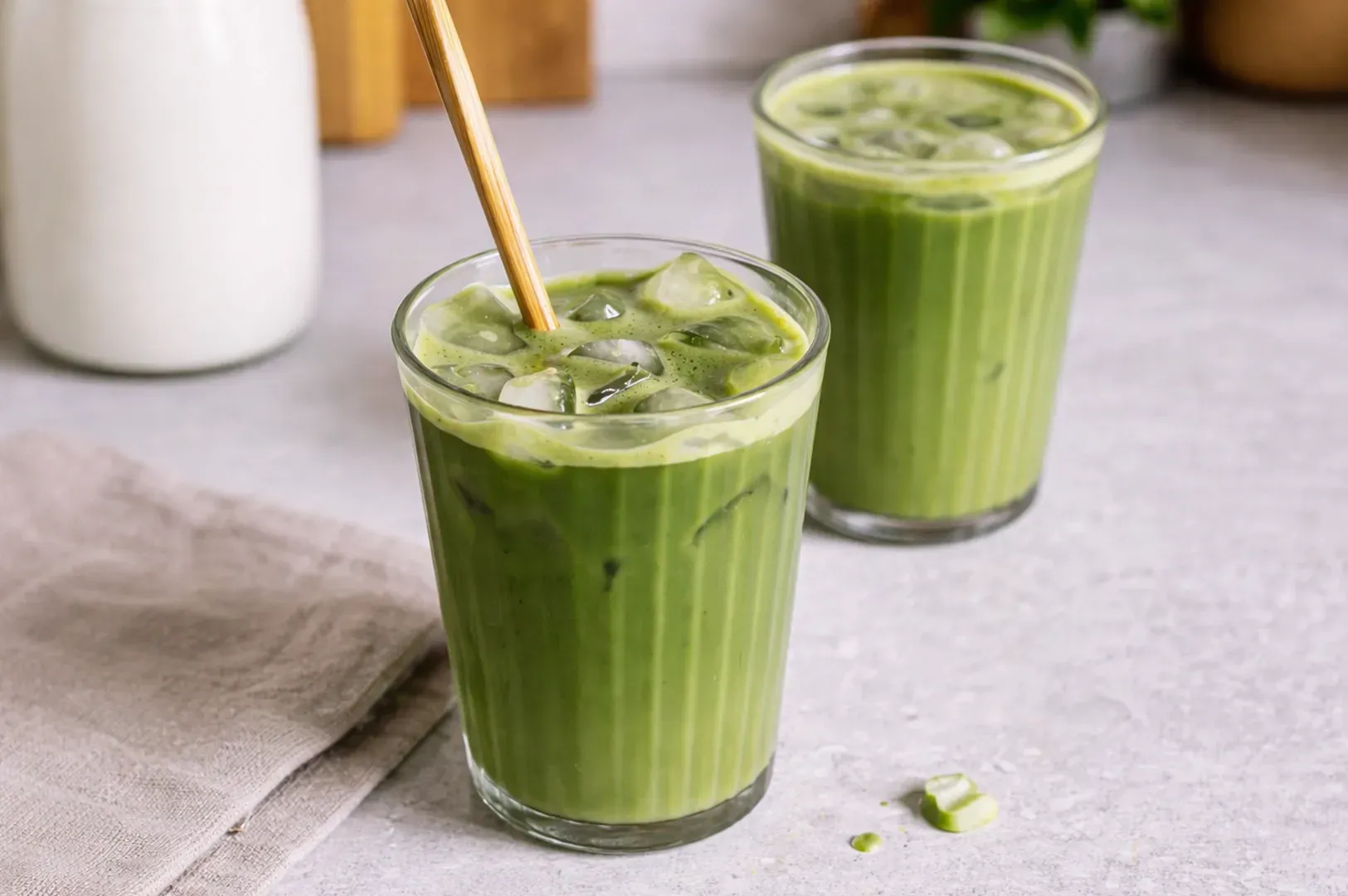 Two glasses of vibrant iced matcha lattes resting on a light grey, textured countertop. The foreground glass is in sharp focus, filled with a deep, earthy green tea mixed with milk and packed with clear ice cubes, while a light brown bamboo straw rests inside. The second glass sits slightly blurred in the background, mirroring the first. To the left, a soft grey linen napkin and a white ceramic carafe of milk add to the clean, minimalist aesthetic. The lighting is bright and natural, highlighting the frothy texture on the surface of the lattes and a few small droplets of green liquid on the counter, creating a fresh and inviting atmosphere.