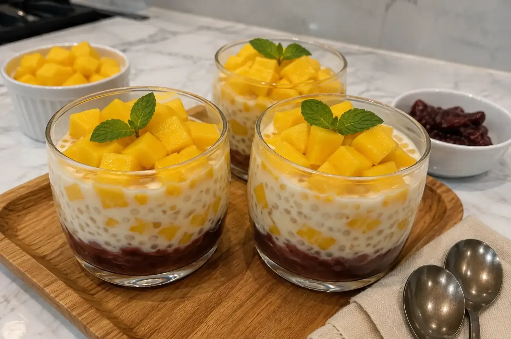 Mango parfaits in glass cups topped with mint, on a wooden board with spoons and bowls of fruit and raisins