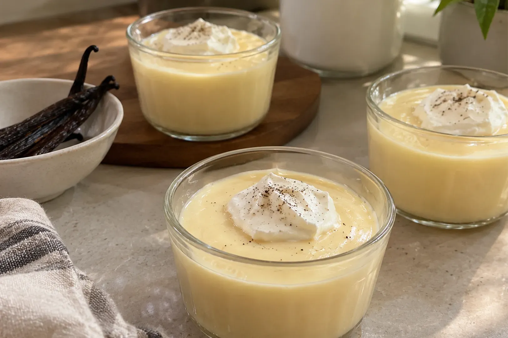 Three glass dessert cups of vanilla pudding topped with whipped cream on a kitchen counter