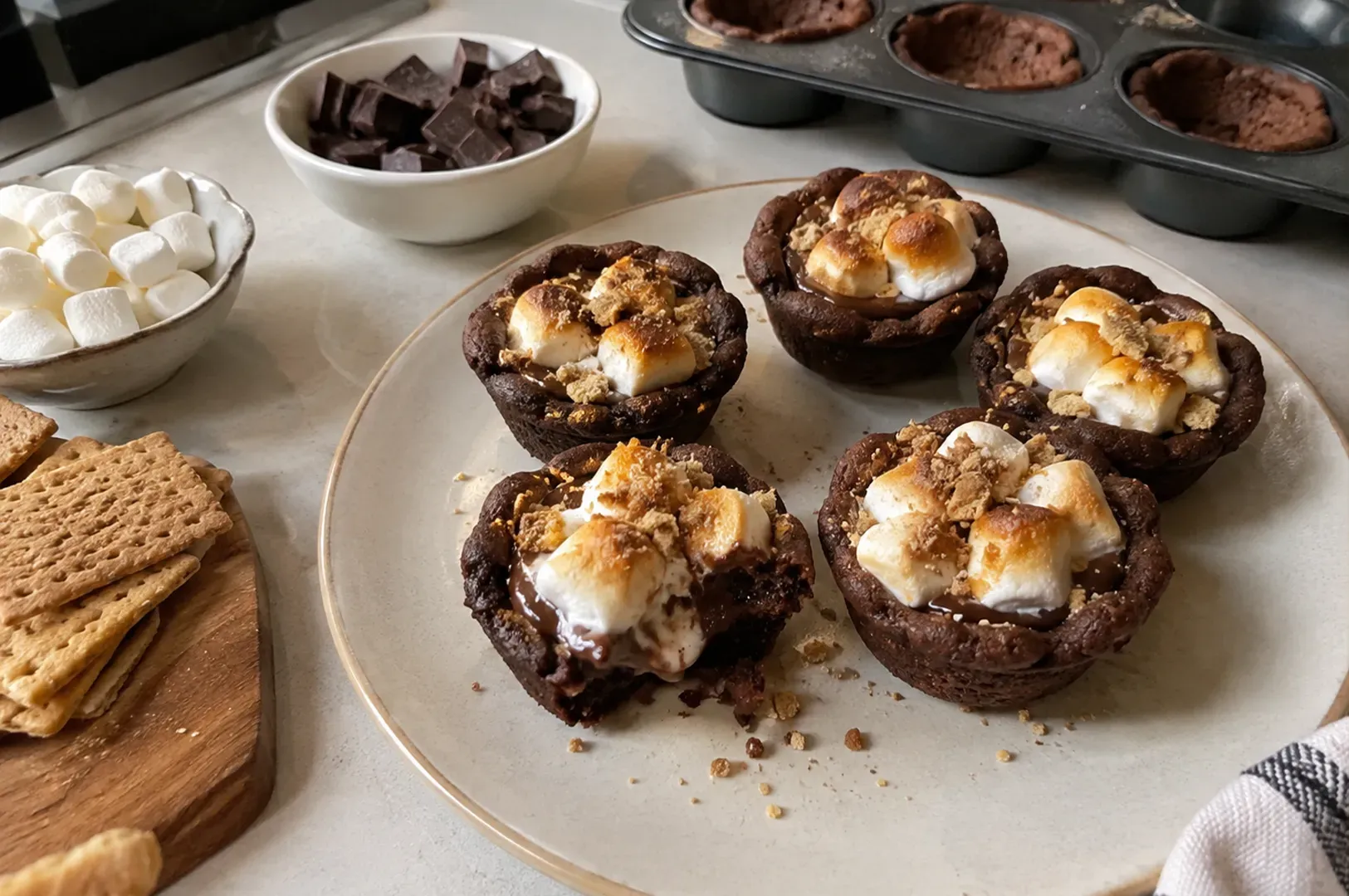 Melted s’mores brownie cups on a plate with chocolate chips and graham crackers nearby