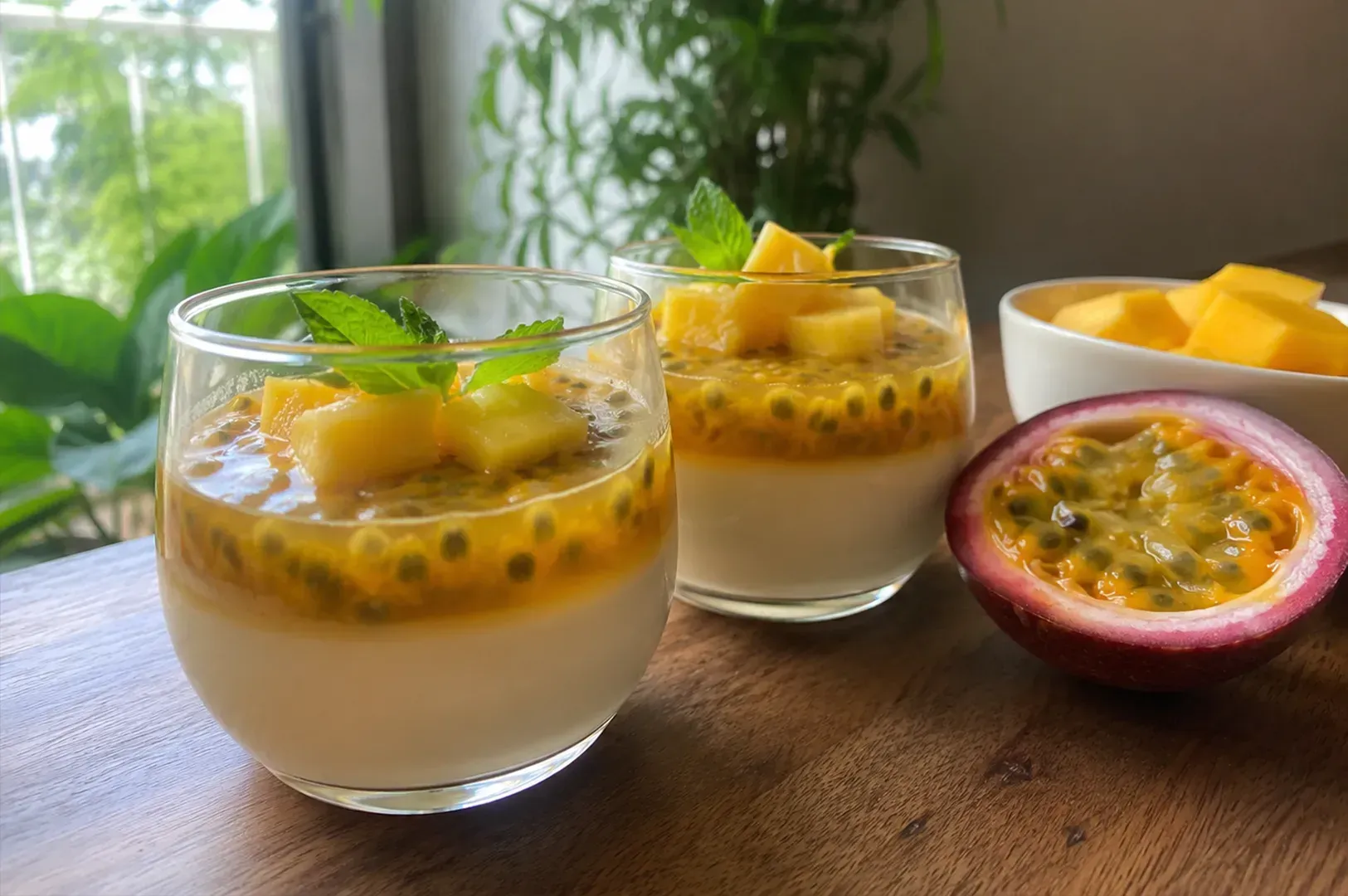Dessert cups topped with passion fruit and mango on a wooden table by a window