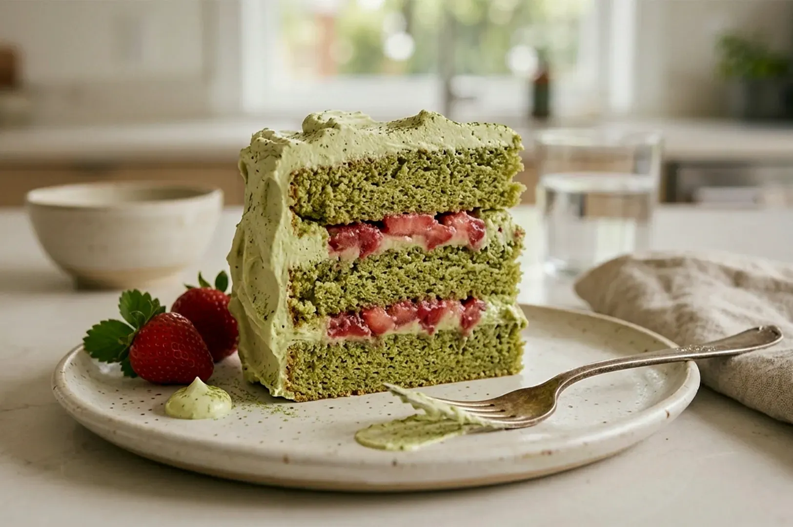 Slice of Strawberry Matcha Cloud Cake resting on a speckled cream-colored ceramic plate. The cake consists of three layers of light, airy green matcha sponge, separated by two thick layers of freshly macerated strawberries nestled in matcha-infused whipped cream. The entire slice is roughly frosted with a pale green matcha cream, finished with a light dusting of matcha powder on top. To the left of the cake, two whole, vibrant red strawberries with green stems sit beside a small dollop of green cream. An antique-style silver fork rests on the right side of the plate, with a smudge of green frosting on its tines and the plate’s surface. The background is a soft-focus, bright kitchen setting with a white bowl, a glass of water, and a linen napkin, creating a clean and inviting atmosphere.