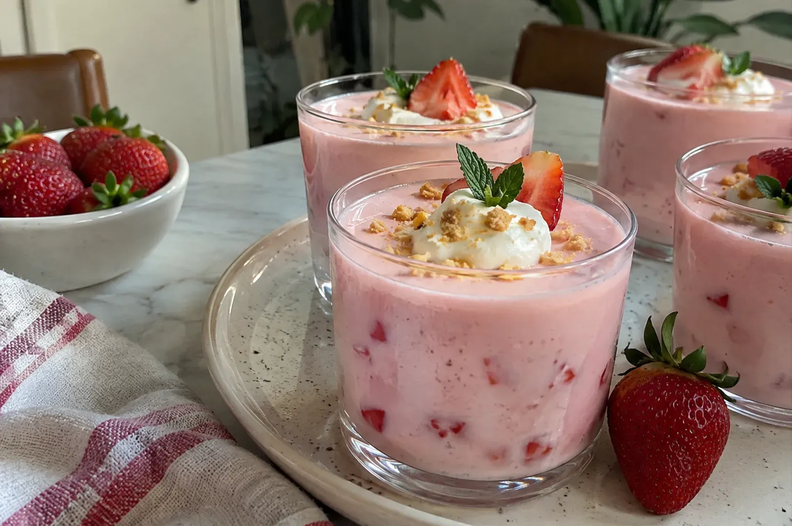 Pink strawberry desserts in glasses on a tray with fresh strawberries and whipped cream