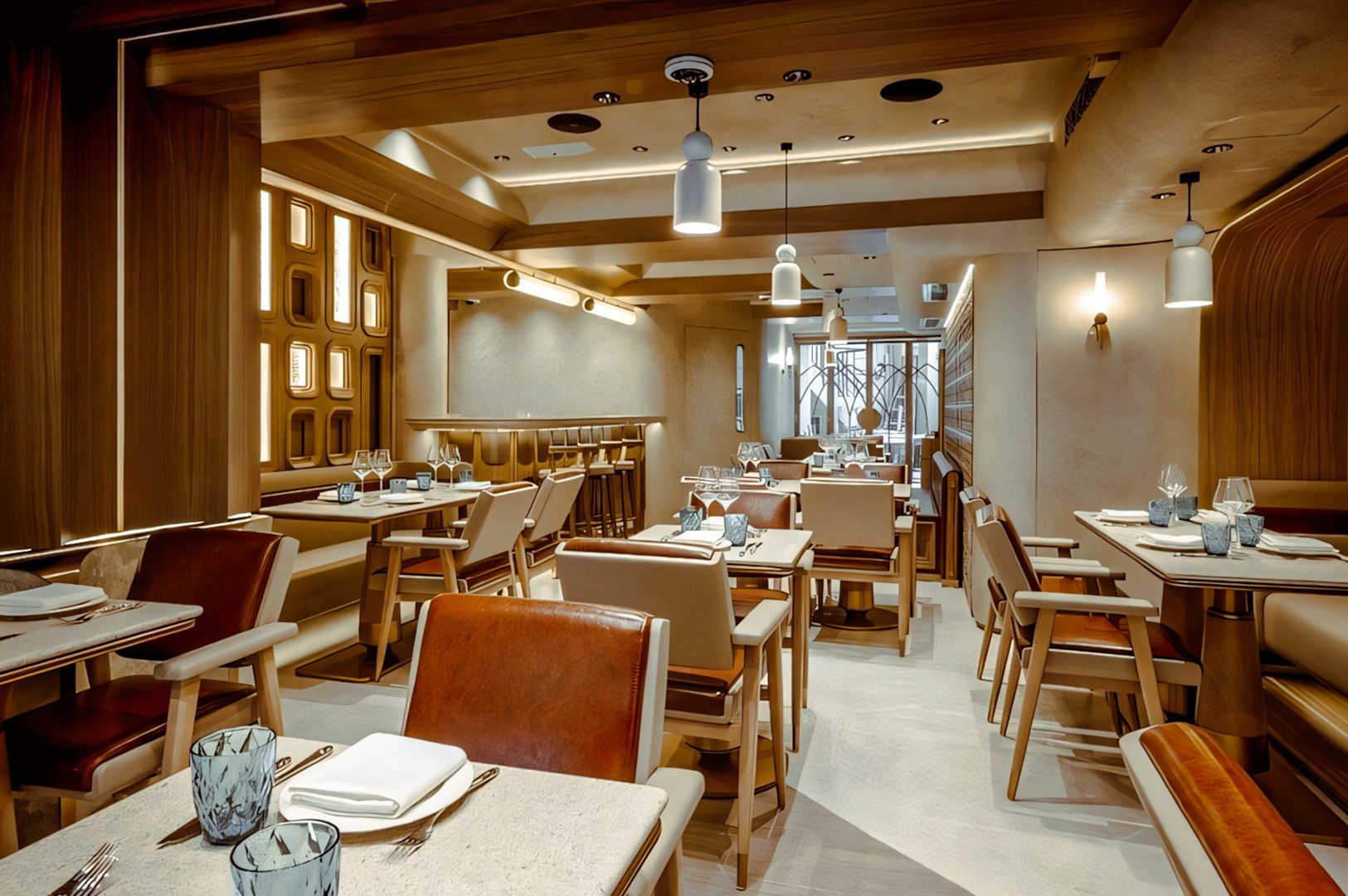 Elegant restaurant dining room with wooden tables, leather chairs, and warm lighting