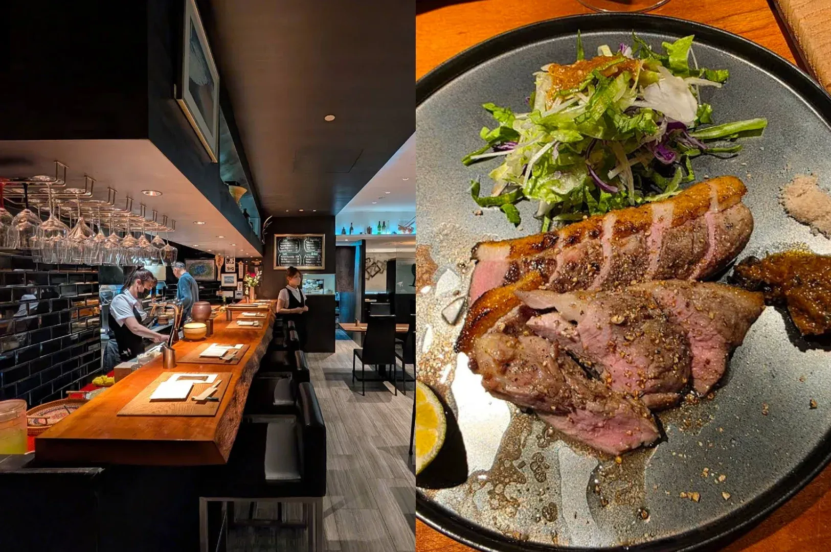Stylish restaurant bar interior with plates of grilled steak and salad on a table