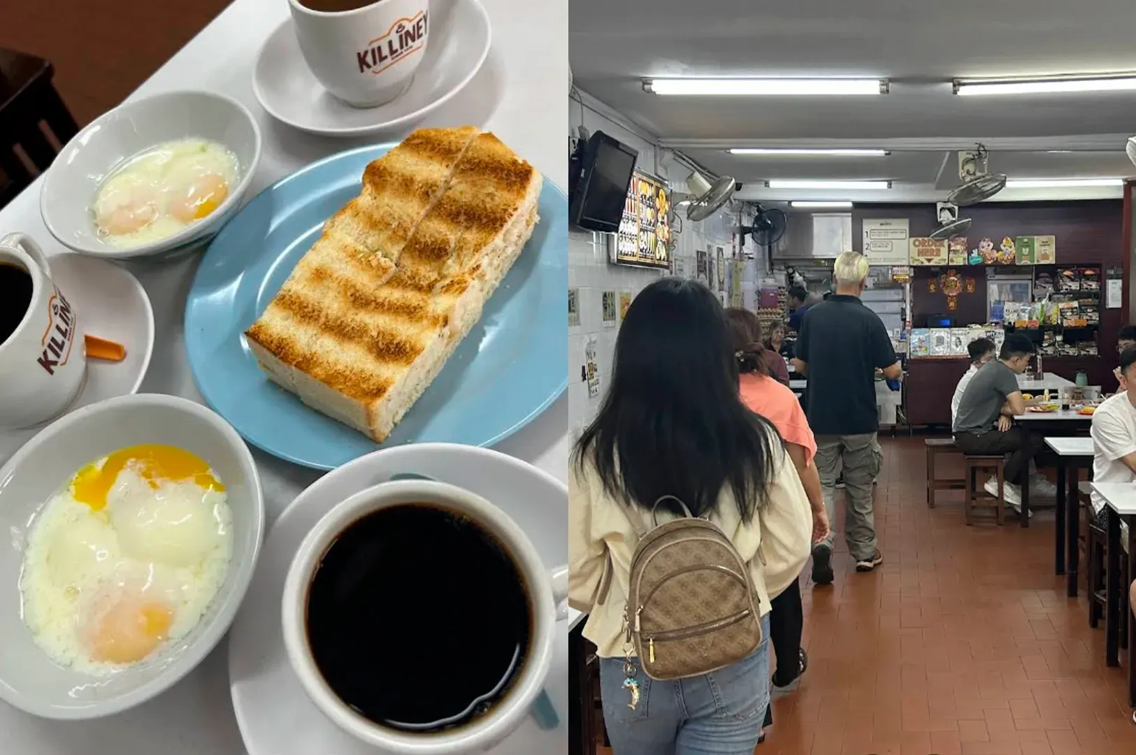 This is a split-screen image focused on a traditional Singaporean breakfast scene. The left panel is an overhead shot of a white table covered in dishes: a light blue plate holds several thick slices of toasted bread with dark grill lines, four bowls of soft-boiled eggs (with visible yolks and pepper) are arranged around it, and two mugs (with
