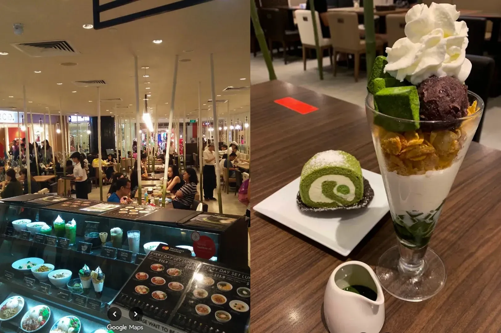 Dessert display with parfait, matcha roll cake, and ice cream in a mall café.