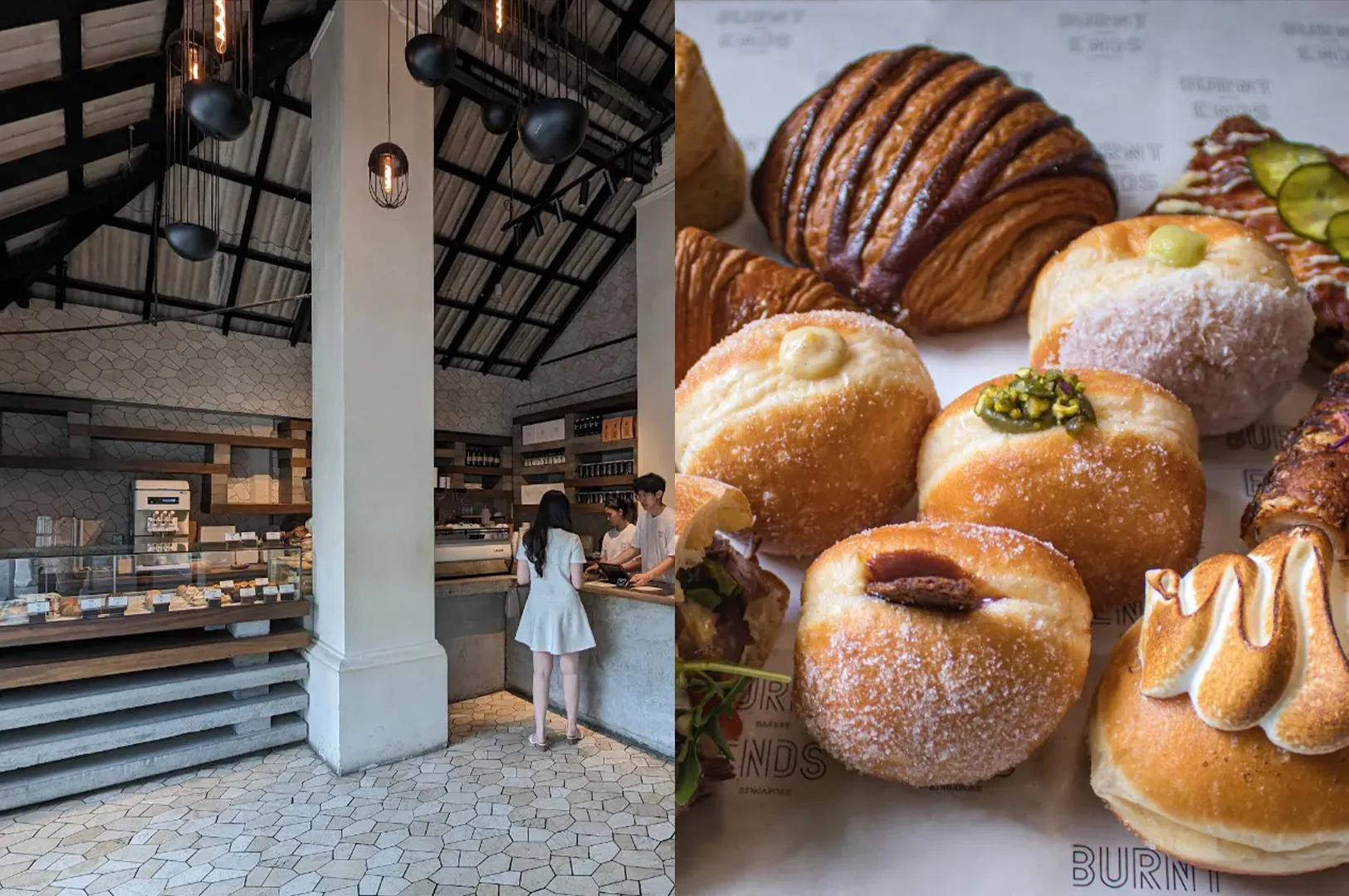 Bakery interior with a pastry display and a woman standing near the counter