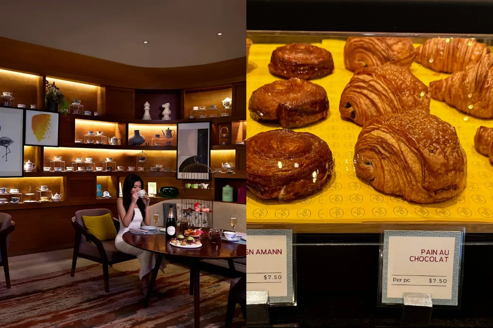 Bakery display with pastries in a shop, including tarts and croissants on a bright yellow tray.