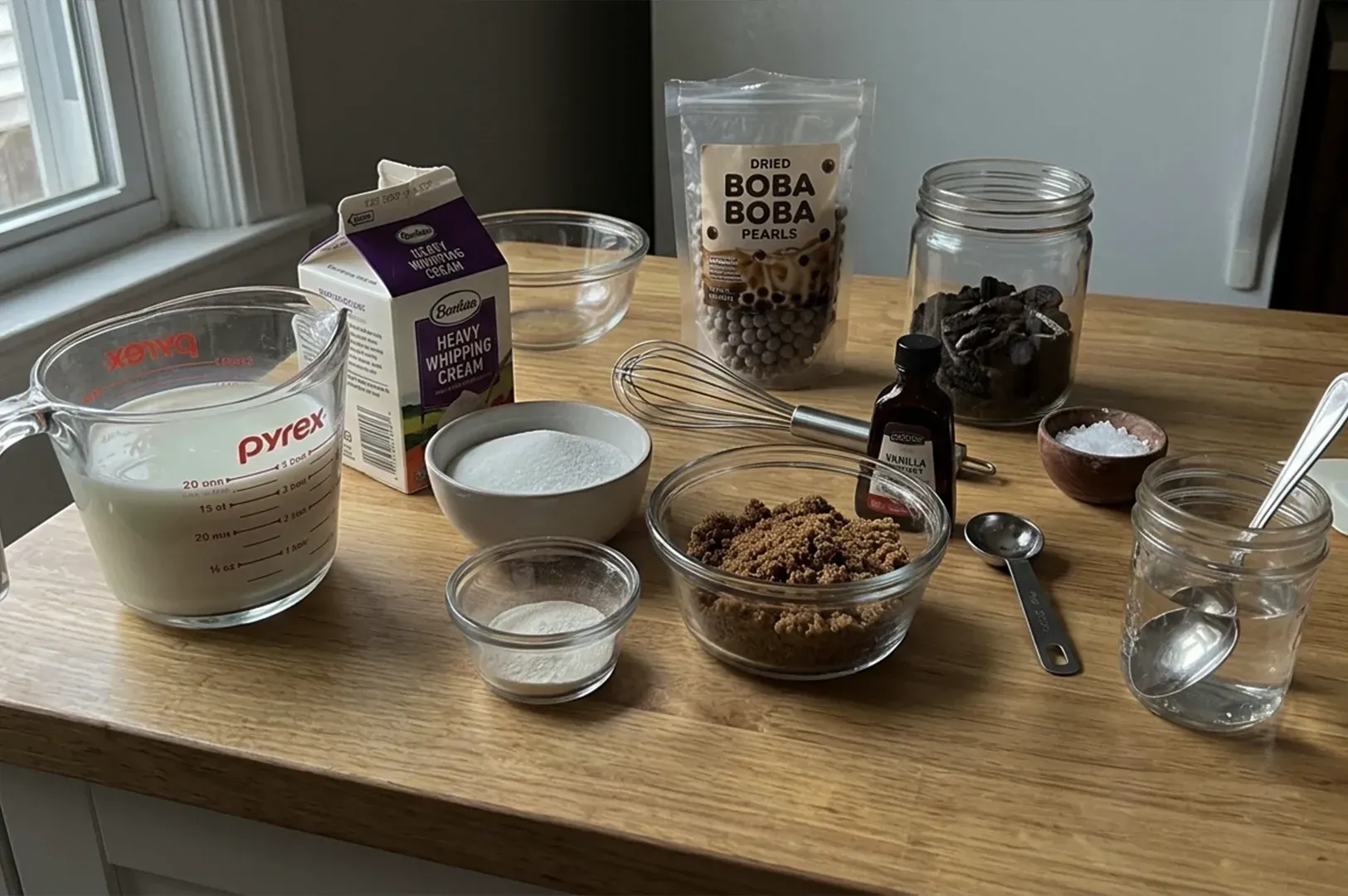 Ingredients and bowls on a wooden table, including flour, sugar, oats, and a glass measuring cup.