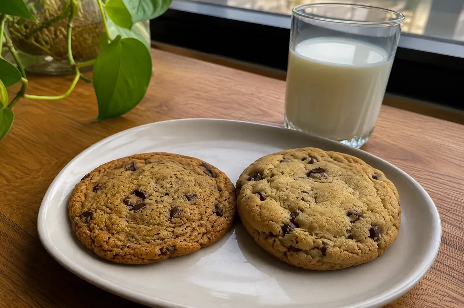 Two chocolate chip cookies on a white plate beside a glass of milk on a wooden table