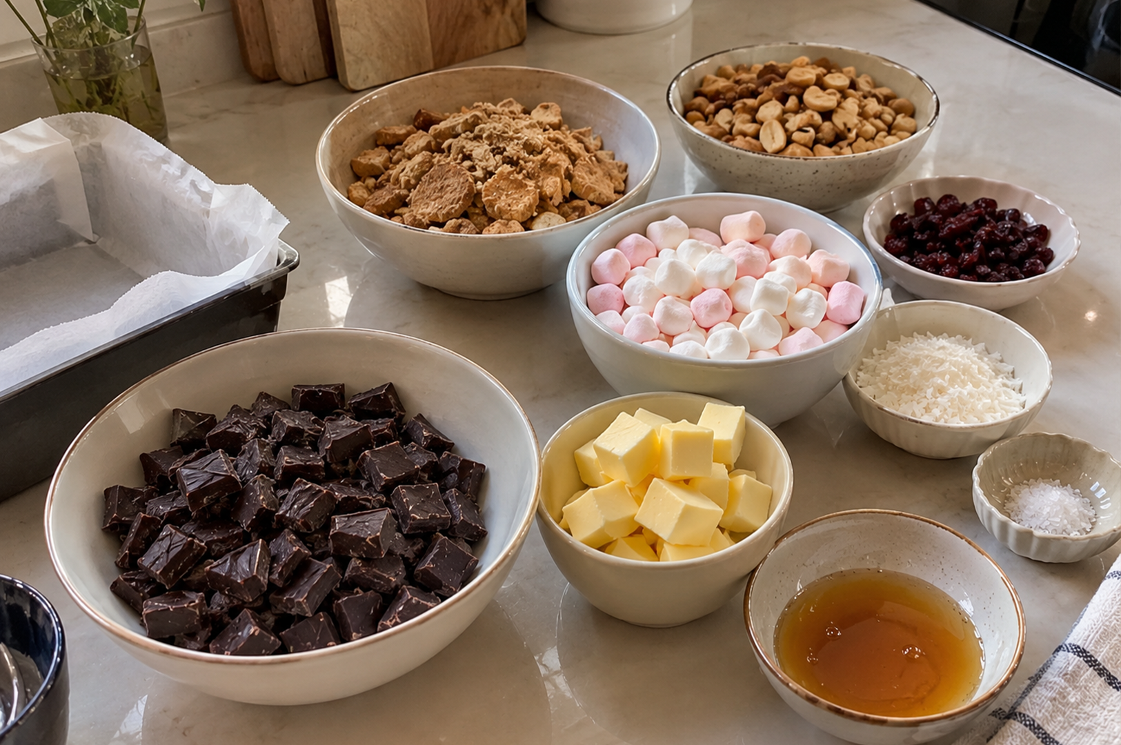 Bowls of chopped chocolate, nuts, marshmallows, butter, sugar, and syrup arranged for baking ingredients