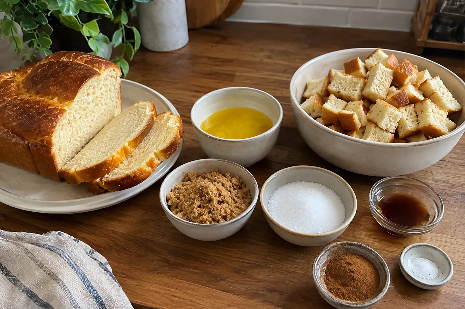 Bread slices and ingredients for making French toast arranged on a wooden table