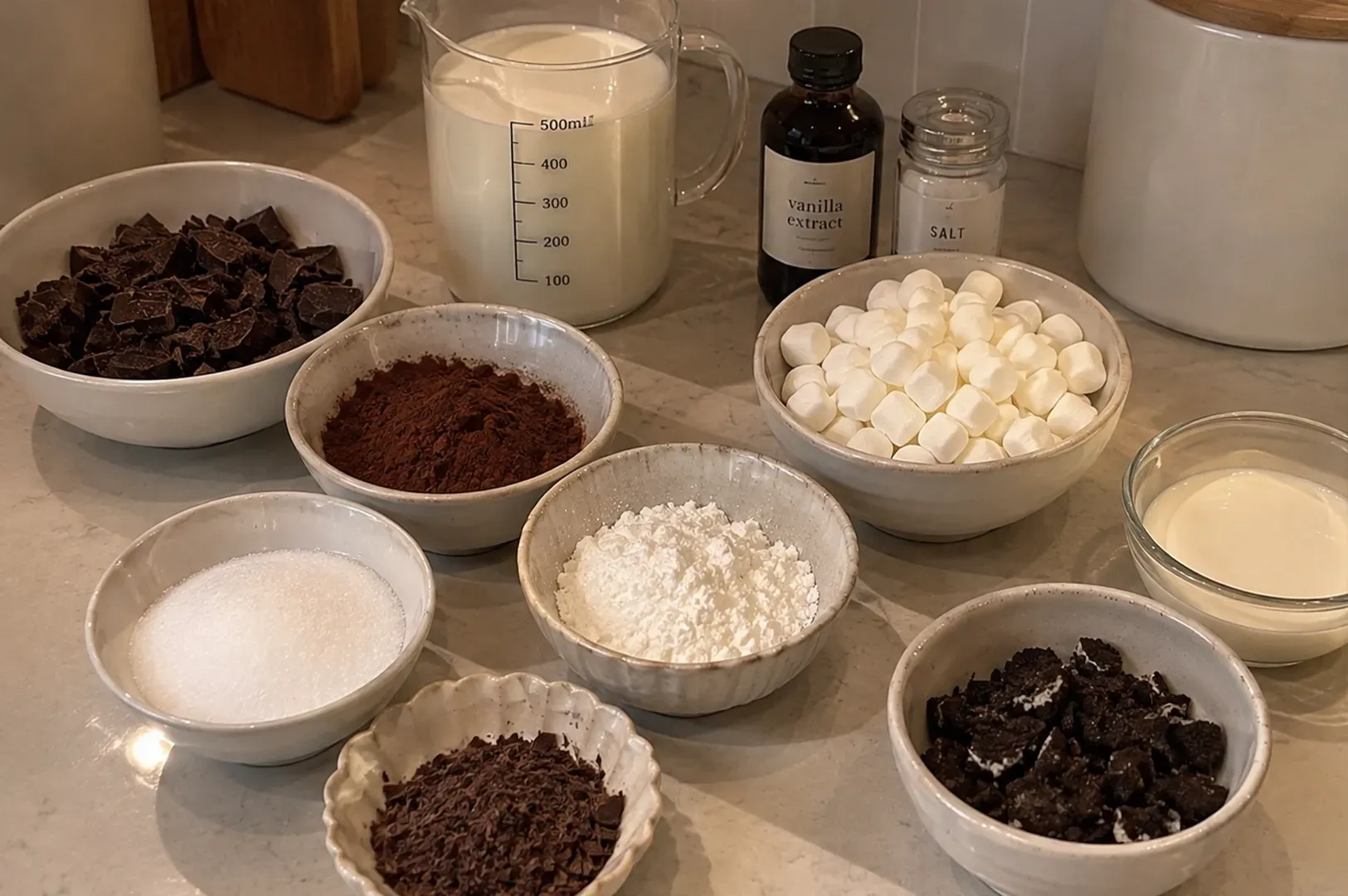 Baking ingredients arranged on a countertop: chocolate, cocoa, sugar, flour, milk, and marshmallows.