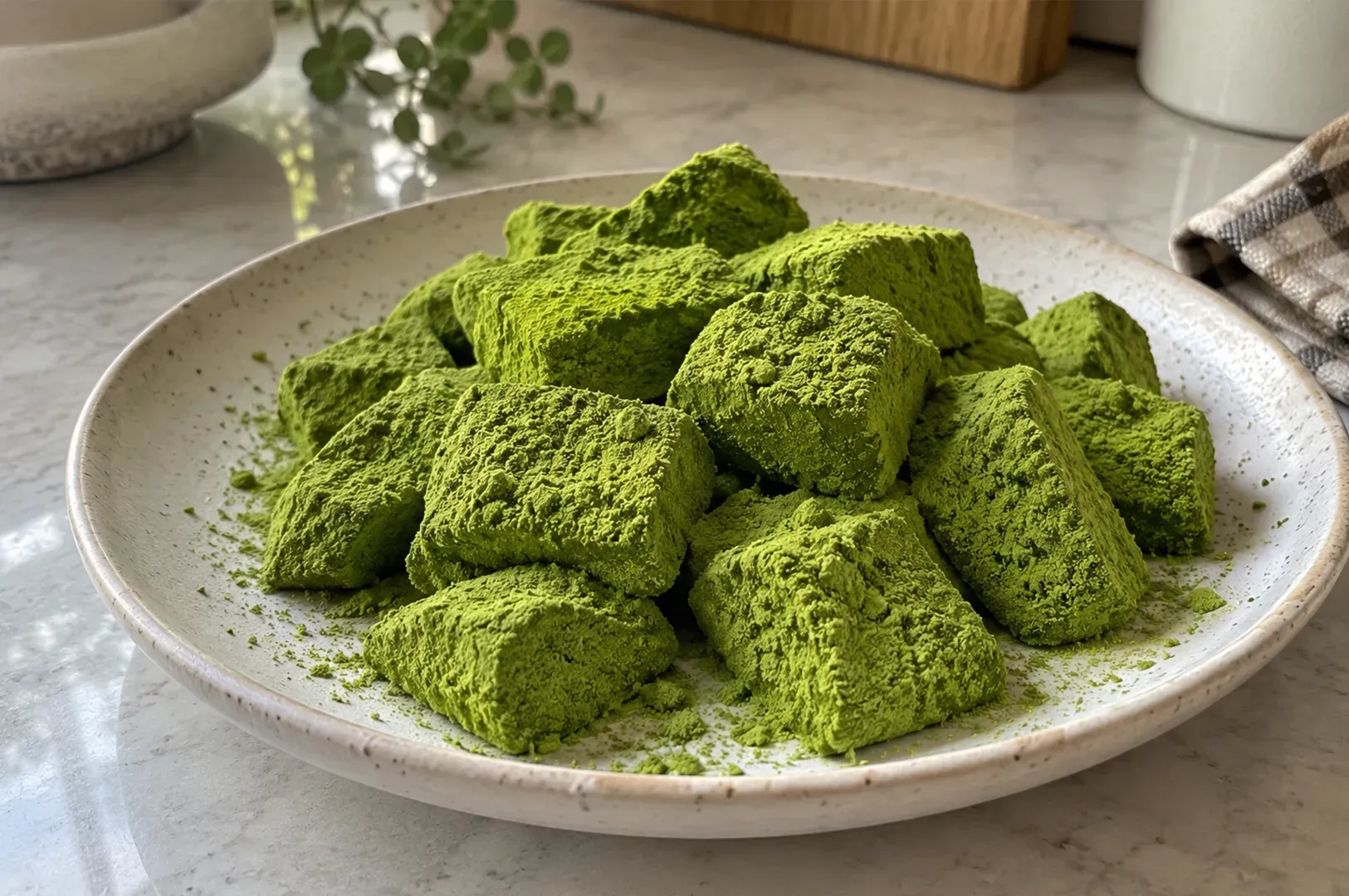 Plate of bright green matcha-coated dessert cubes on a table