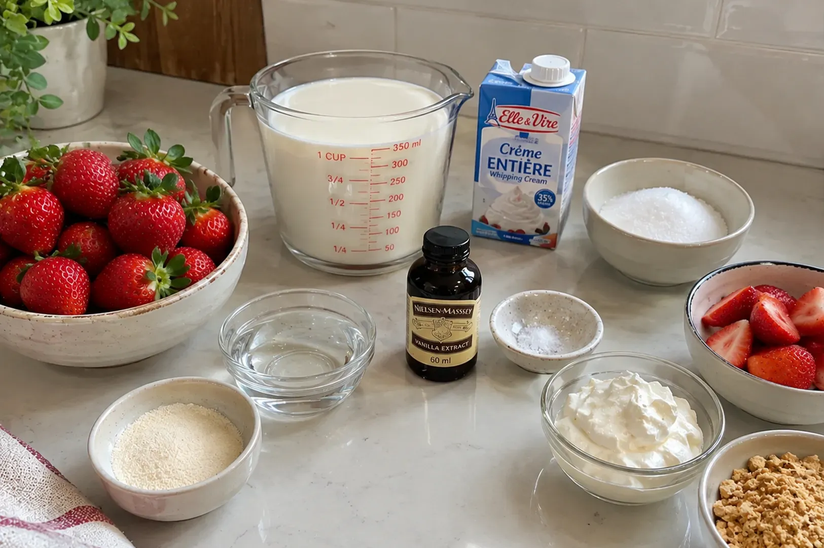 Ingredients for strawberry dessert arranged on a kitchen counter with strawberries, cream, sugar, milk, vanilla, flour, and nuts
