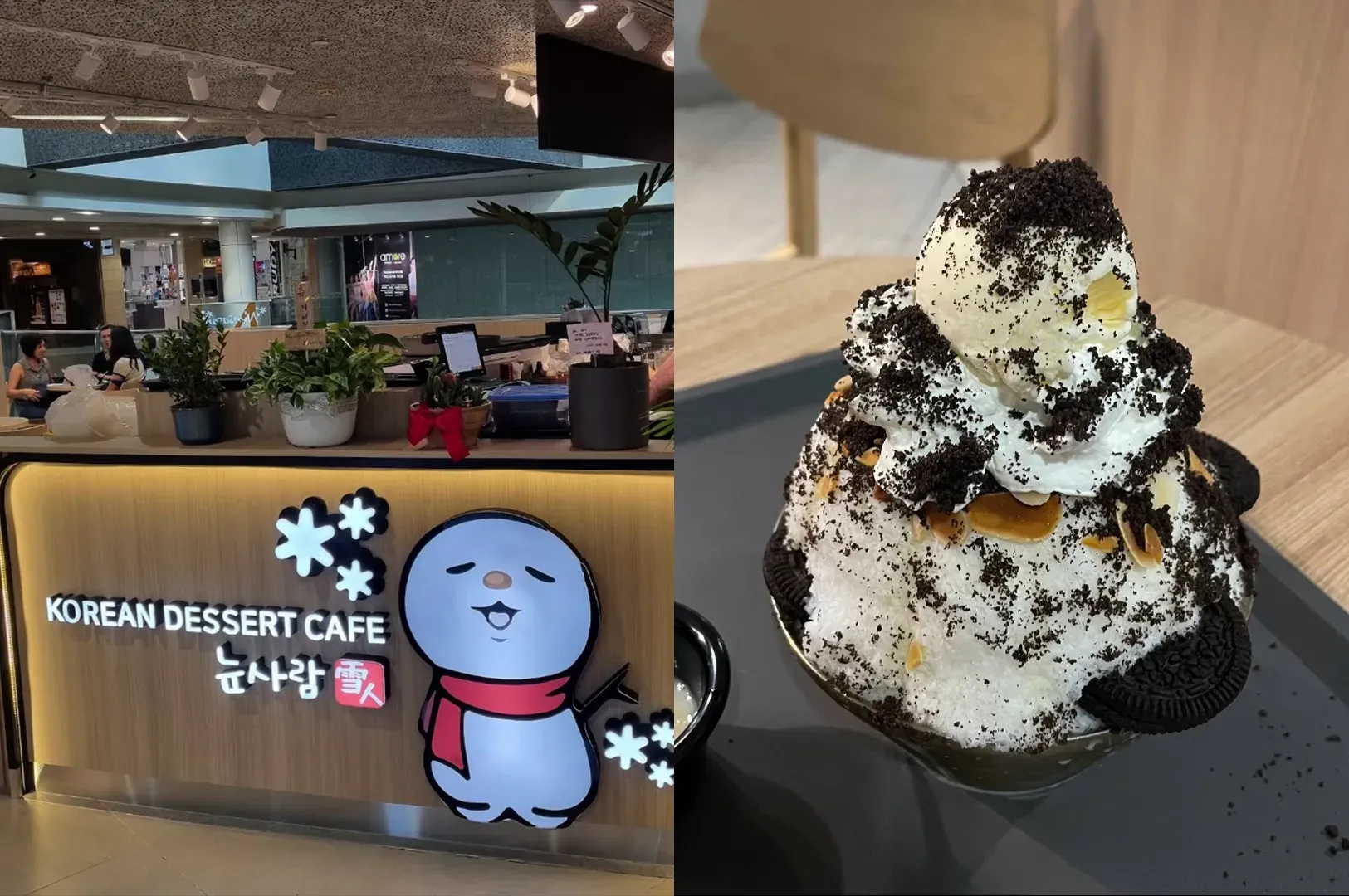 Korean dessert cafe sign beside a snowman-shaped soft serve topped with cookies and chocolate on a tray