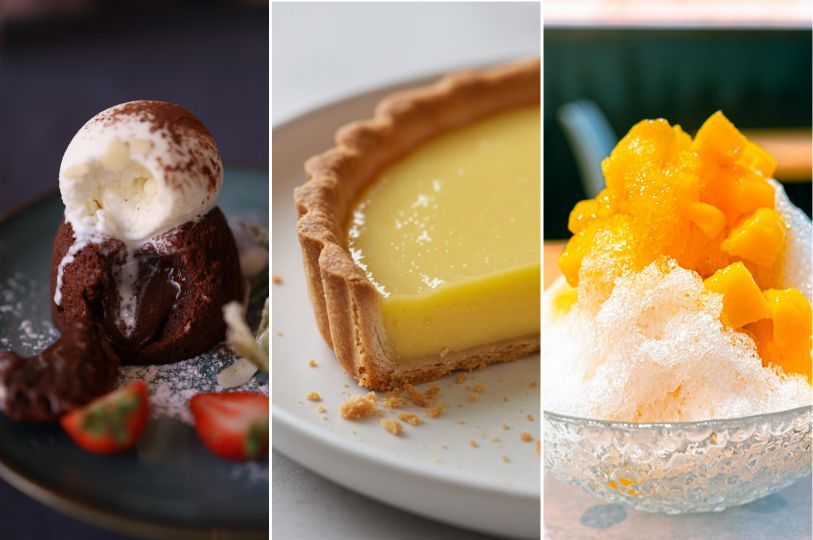 A triptych featuring a molten chocolate lava cake topped with vanilla ice cream, a smooth lemon tart with a fluted crust, and a bowl of mango shaved ice.