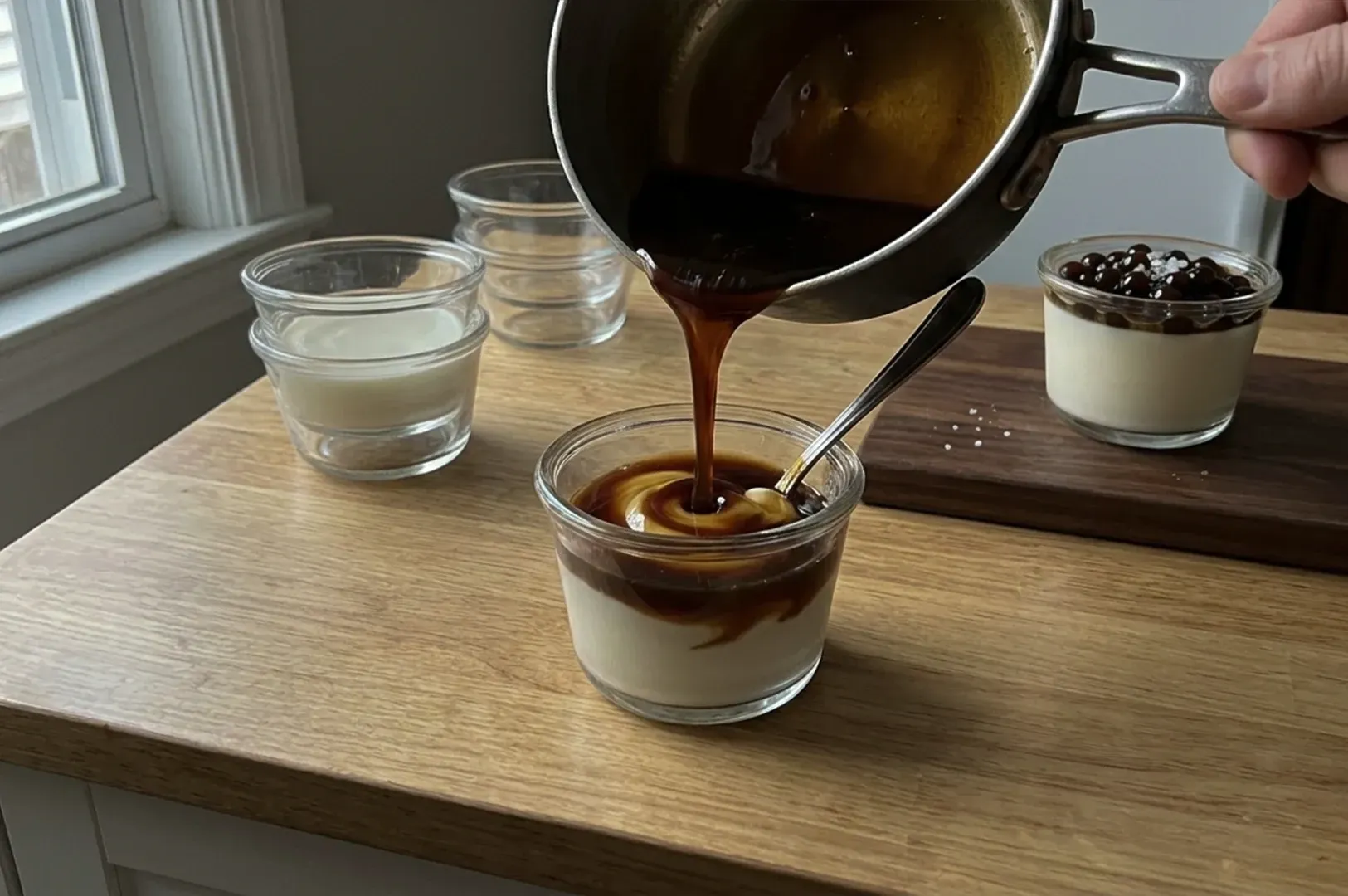 Coffee being poured into a layered dessert on a wooden tray by a window.