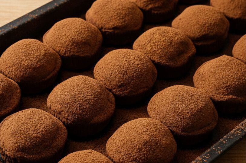 A close-up view of several round, chocolate-filled cookies neatly arranged on a baking tray, each heavily dusted with a fine layer of cocoa powder.