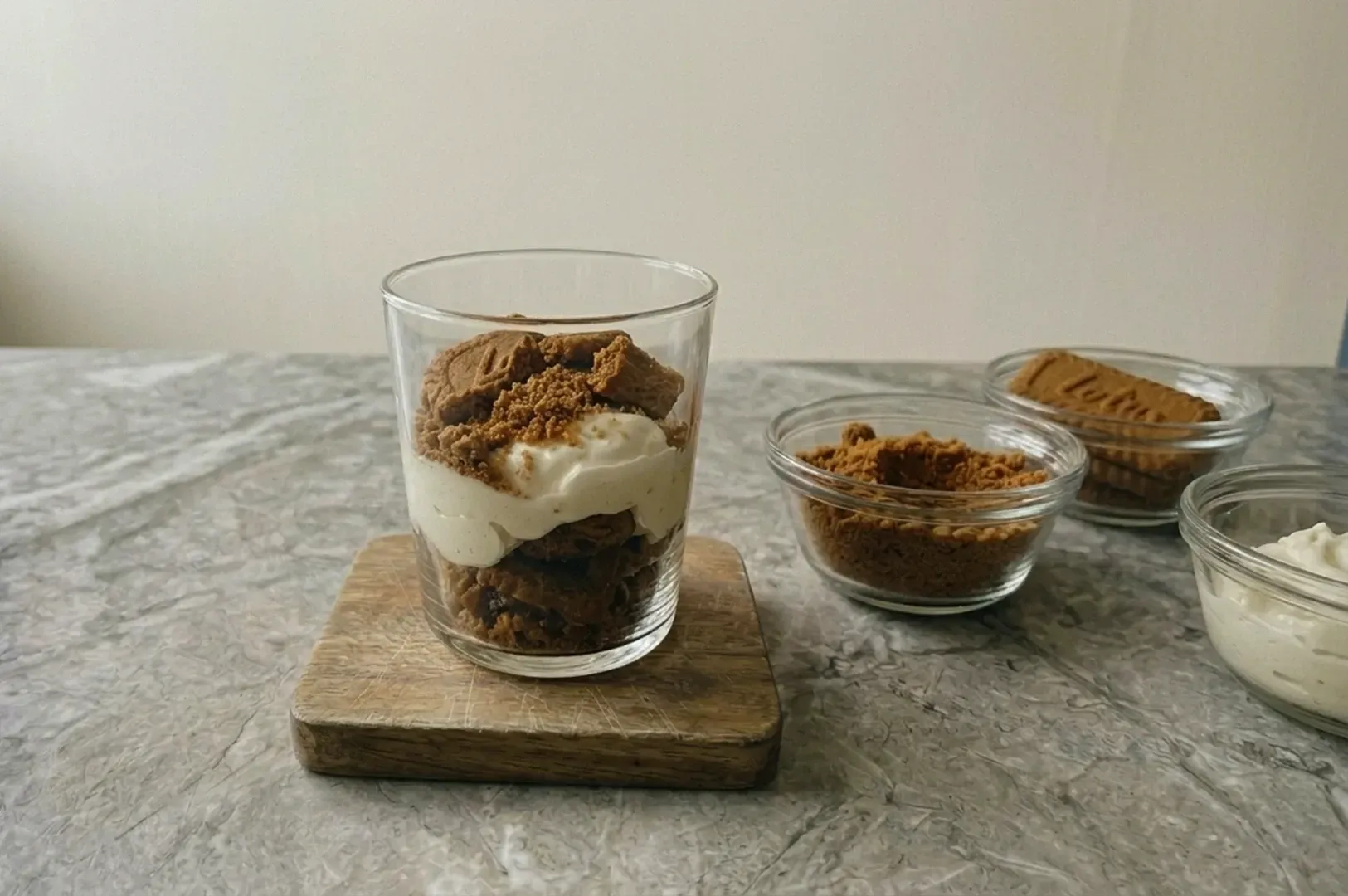 Dessert parfait in a glass on a wooden board, with three small bowls of toppings on a stone countertop.